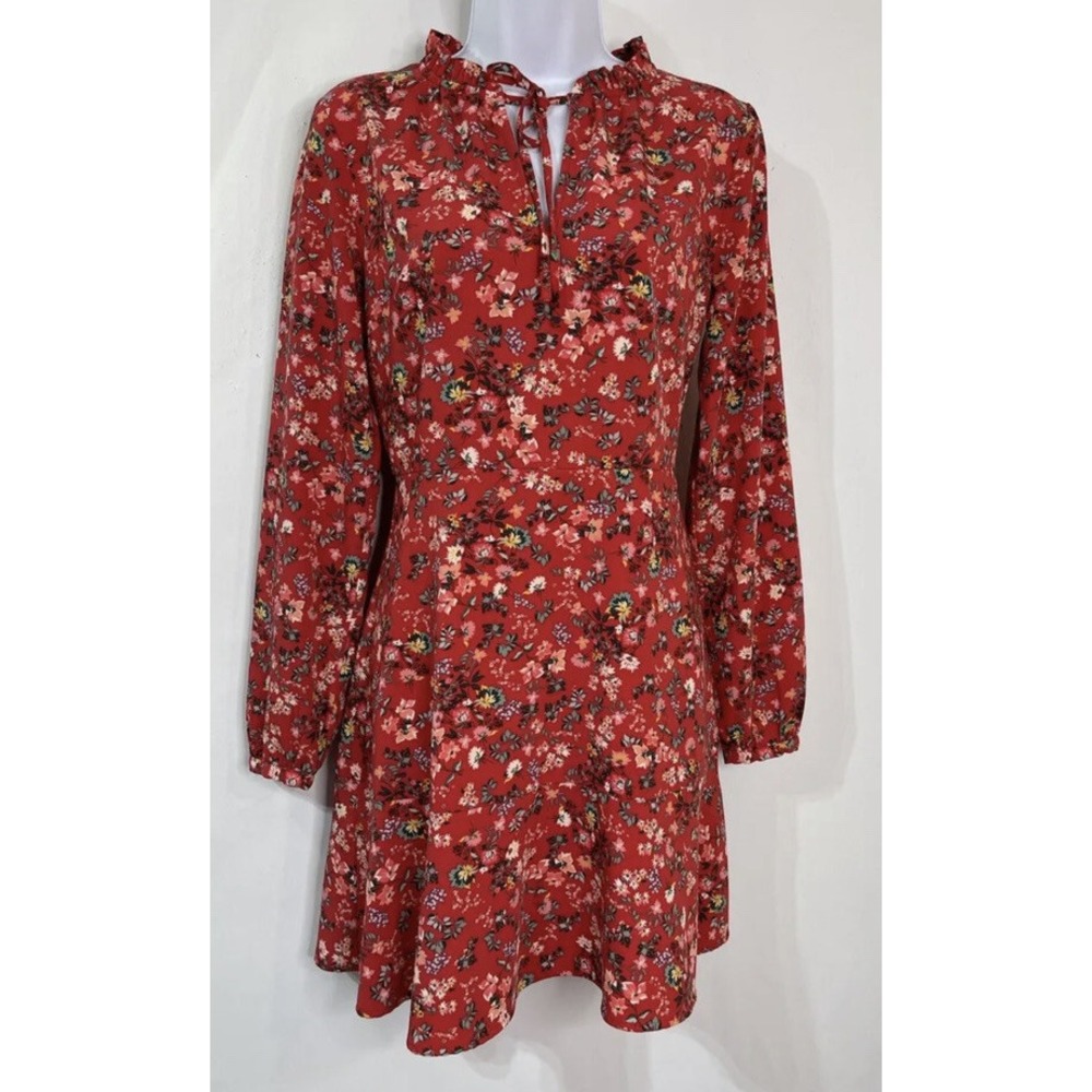 LOFT Women’s S 4 Red Floral Ruffle Tie Neck Zip Long Sleeve A-Line Dress New